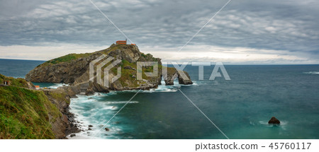 San Juan de Gaztelugatxe long exposure wide panorama with clouds 45760117