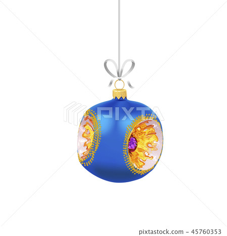 Christmas blue glass ball with with gold ornaments and ribbon isolated on white background Christmas blue glass ball with with gold ornaments and ribbon isolated on white background 45760353