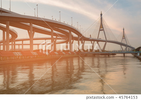 Twin suspension bridge river front 45764153