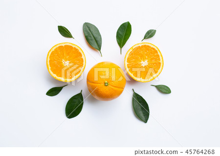 Top view of orange fruits and leaves Top view of orange fruits and leaves 45764268