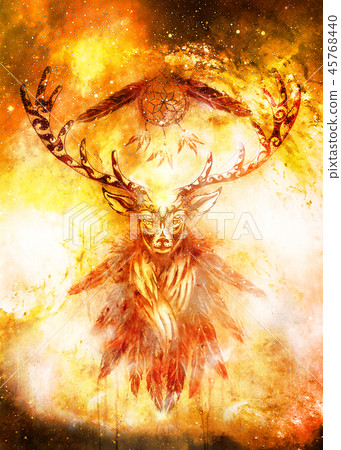 sacred ornamental deer spirit with dream catcher symbol and feathers in cosmic space. sacred ornamental deer spirit with dream catcher symbol and feathers in cosmic space. 45768440