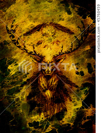 sacred ornamental deer spirit with dream catcher symbol and feathers. sacred ornamental deer spirit with dream catcher symbol and feathers. 45768459