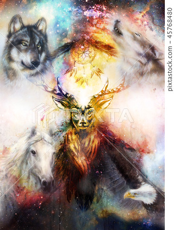 sacred ornamental deer spirit with dream catcher symbol and feathers and wolf, horse, eagle in sacred ornamental deer spirit with dream catcher symbol and feathers and wolf, horse, eagle in 45768480