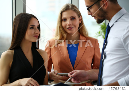 Group of modern businesspeople in office debate Group of modern businesspeople in office debate 45768481