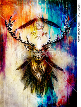 sacred ornamental deer spirit with dream catcher symbol and feathers. sacred ornamental deer spirit with dream catcher symbol and feathers. 45768508
