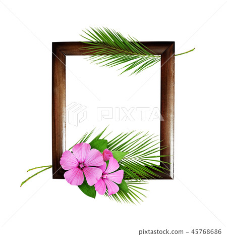 Palm leaves and pink flowers with wooden frame Palm leaves and pink flowers with wooden frame 45768686