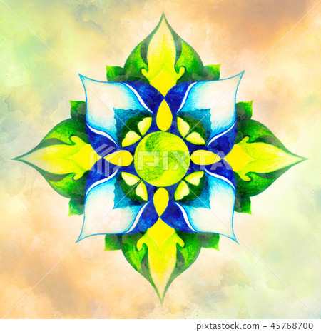 color ornamental mandala and softly blurred watercolor background. color ornamental mandala and softly blurred watercolor background. 45768700