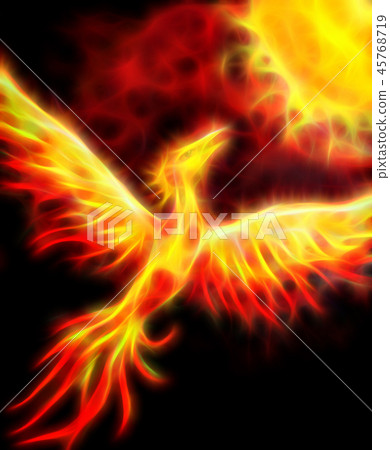 Flying phoenix bird as symbol of rebirth and new beginning. Fractal effect. 45768719