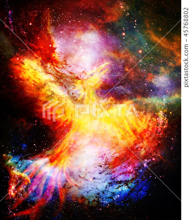 Flying phoenix bird as symbol of rebirth and new beginning in cosmic space. Flying phoenix bird as symbol of rebirth and new beginning in cosmic space. 45768802
