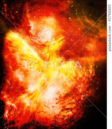 Flying phoenix bird as symbol of rebirth and new beginning in cosmic space. 45768805
