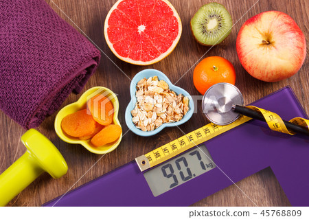 Electronic bathroom scale and healthy food 45768809