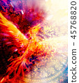 Flying phoenix bird as symbol of rebirth and new beginning and ancient ornament in background. 45768820