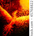 Flying phoenix bird as symbol of rebirth and new beginning and ancient ornament in background. 45768822