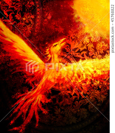 Flying phoenix bird as symbol of rebirth and new beginning and ancient ornament in background. Flying phoenix bird as symbol of rebirth and new beginning and ancient ornament in background. 45768822