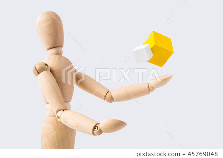 wooden mannequin with surreal wood cube wooden mannequin with surreal wood cube 45769048