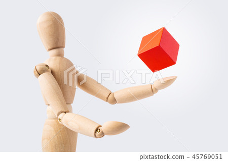 wooden mannequin with surreal wood cube 45769051