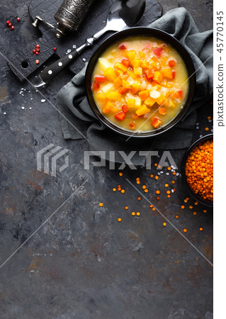 Red lentil soup with vegetables. Vegetarian food 45770145