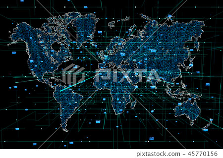 Abstract mash line and point scales on dark background with map of world. 45770156