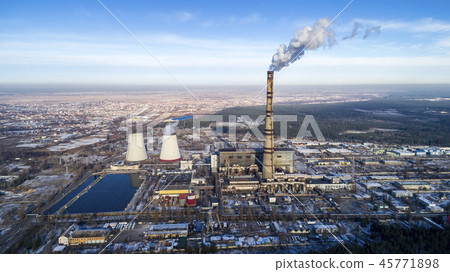 Garbage incineration plant. Waste incinerator plant with smoking smokestack. The problem of Garbage incineration plant. Waste incinerator plant with smoking smokestack. The problem of 45771898