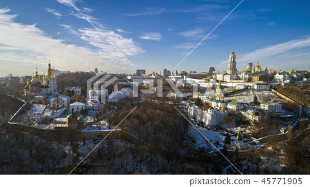 Aerial view of Lavra monastery in Kiev, Ukraine from drone , sunset view , cloudy sky , beautiful 45771905