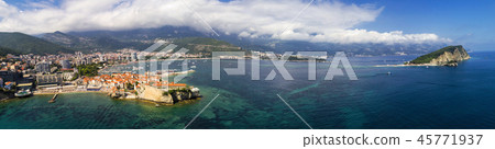 Aerial beautiful panoramic view at old town in Budva and the Budva Riviera. 45771937