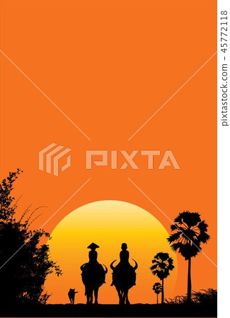 Silhouette of boys riding buffalos 45772118