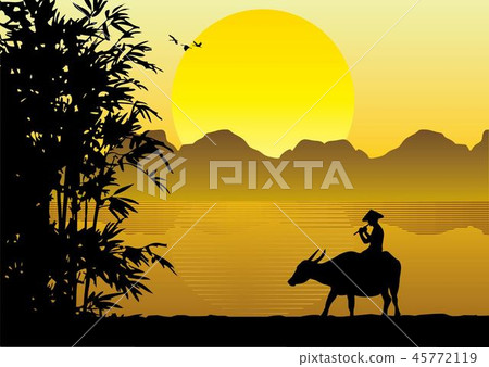 Silhouette of a man riding buffalo in countryside Silhouette of a man riding buffalo in countryside 45772119