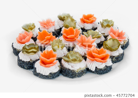 Close up of small canapes arranged on a plate Close up of small canapes arranged on a plate 45772704