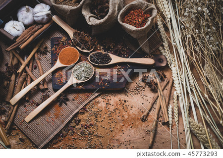 Various fragrant spices and herbs. 45773293