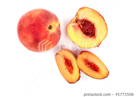 ripe peaches isolated on white background. Top view. Flat lay pattern 45773506