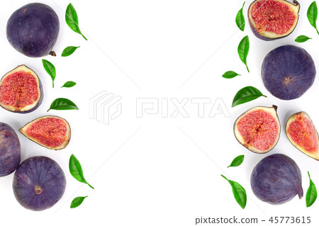 fig fruits with leaves isolated on white background with copy space for your text. Top view. Flat 45773615