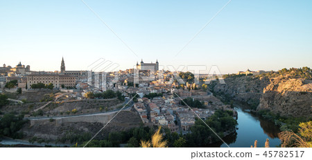 Panoramic landscape of Toledo old town and river Tajo at early morning Panoramic landscape of Toledo old town and river Tajo at early morning 45782517