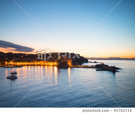 Beautiful small harbour of Collioure at sunset time, France Beautiful small harbour of Collioure at sunset time, France 45782518