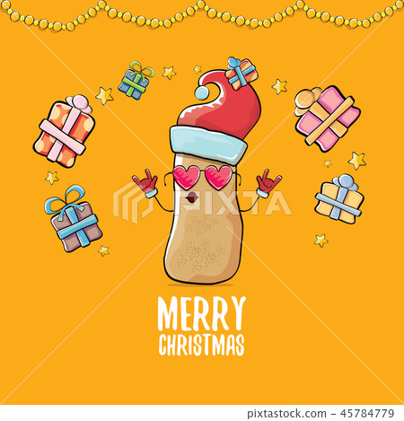 vector funky comic cartoon cute brown smiling santa claus potato with red santa hat, gifts and 45784779