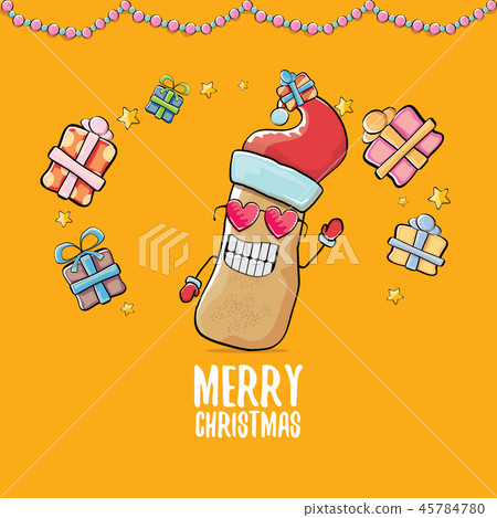 vector funky comic cartoon cute brown smiling santa claus potato with red santa hat, gifts and vector funky comic cartoon cute brown smiling santa claus potato with red santa hat, gifts and 45784780