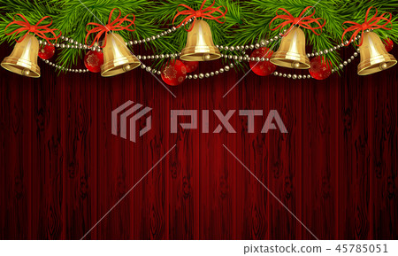Christmas red design with blackboard silhouette decorated with fir branches with bells and balls. 45785051