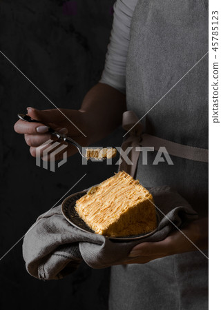 Woman holding a piece traditional napoleon cake Woman holding a piece traditional napoleon cake 45785123