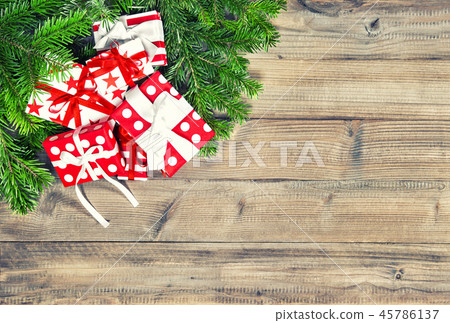 Christmas gifts green fir tree branches Vintage Christmas gifts green fir tree branches Vintage 45786137