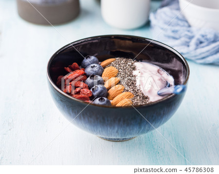 Yogurt smoothie bowl with berries, nuts, chia 45786308