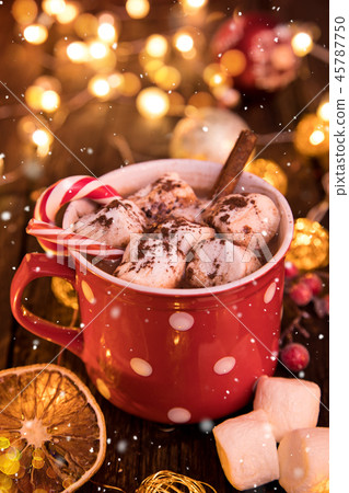 Christmas cup with hot chocolate and whipped cream. Christmas cup with hot chocolate and whipped cream. 45787750