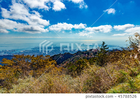 Kobe city, Hyogo Pref. A view from Rokko Terrace Garden of Rokko Mountain. Glowing sea surface. 45788526