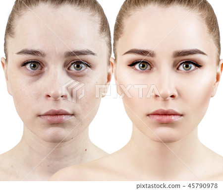 Comparison portrait of young woman before and after makeup. Comparison portrait of young woman before and after makeup. 45790978