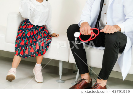 Happy little kid visit doctor in hospital office. Happy little kid visit doctor in hospital office. 45791959