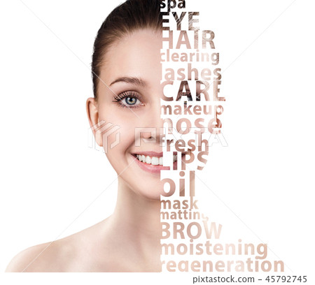 Beautiful woman face with tag beauty words. 45792745