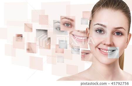 Woman's face collected from different parts. 45792756