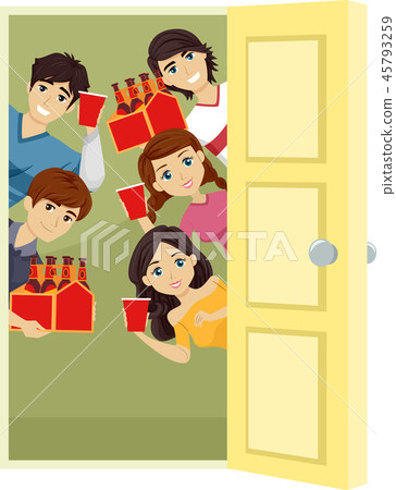 图库插图: teens door beer house party illustration
