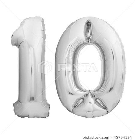 Number 10 made of silver inflatable balloon isolated on white 45794154