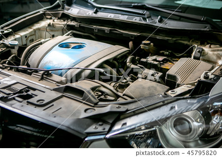 Car repair in car service. Dirty engine Car repair in car service. Dirty engine 45795820