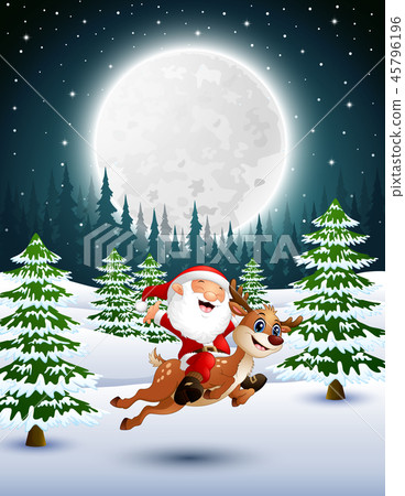 Happy santa claus riding a reindeer Happy santa claus riding a reindeer 45796196