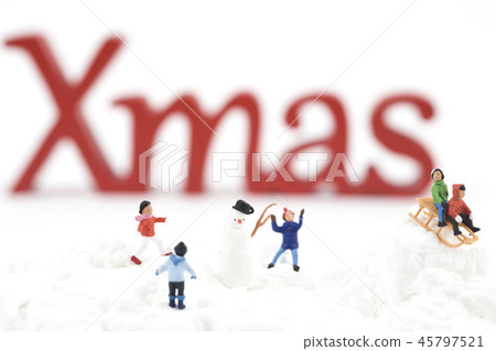 Snowman with children on Christmas background 45797521